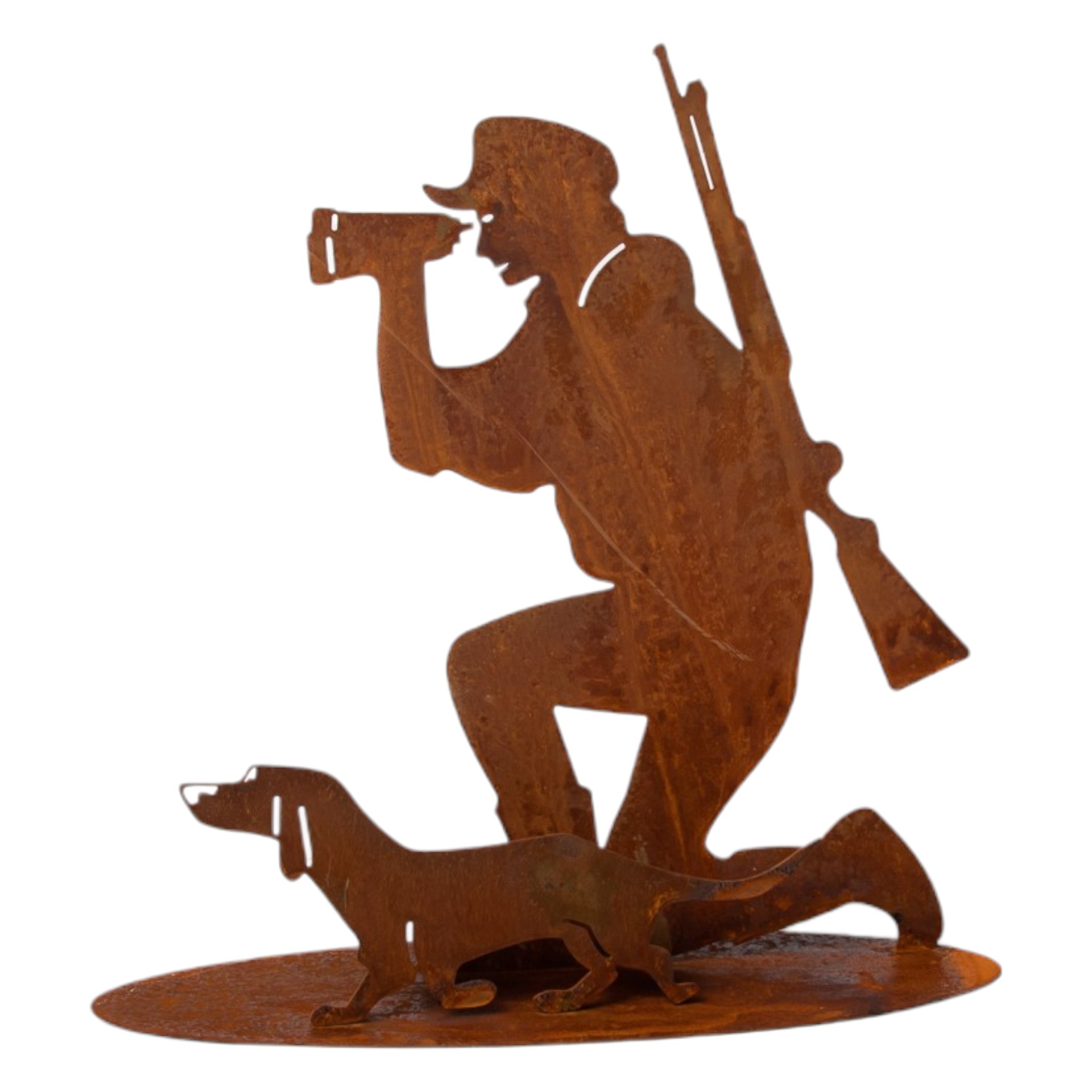 Darstellung von Jäger knieend mit Dackel