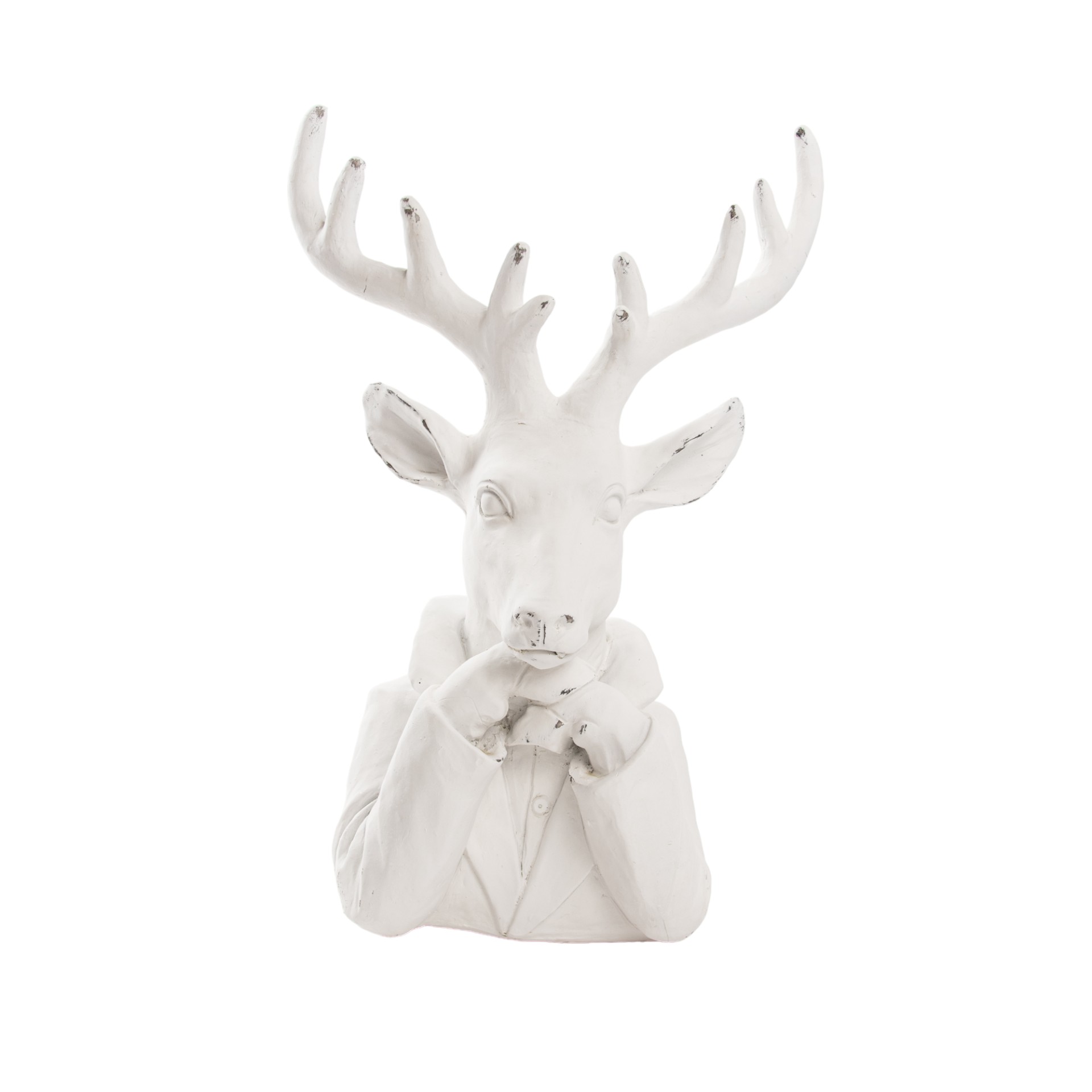 Darstellung von RP Hirschkopf weiss mittel mit Hände unter Kinn