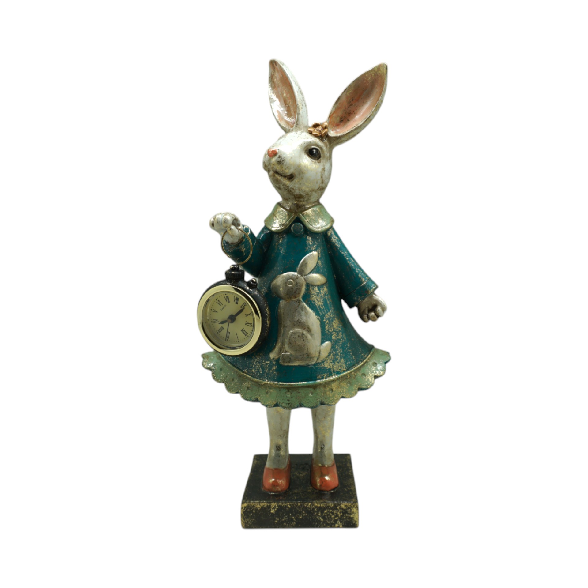 Darstellung von Hase m. Uhr blaues Kleid gold Details