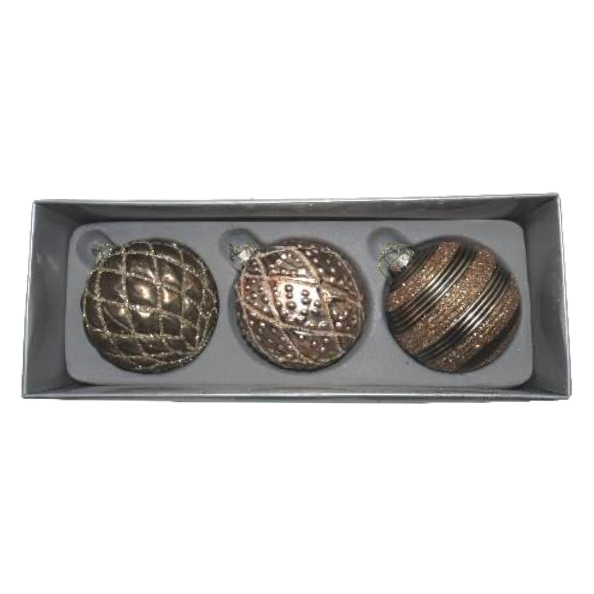 Darstellung von Glaskugeln goldbraun 3-tlg. in Box, d= 8 cm