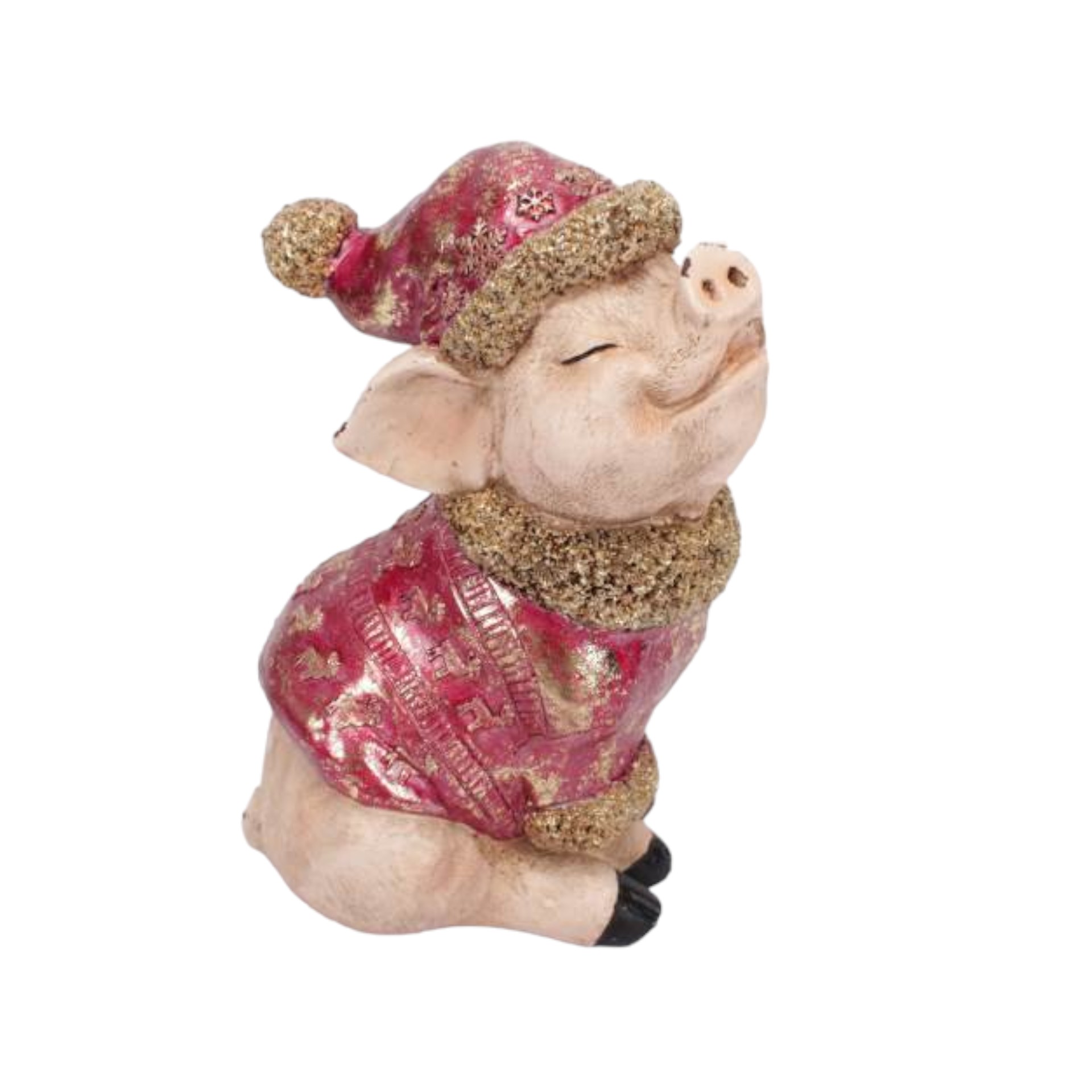 Darstellung von sitzendes Glücksschwein mit Mütze und Gewand