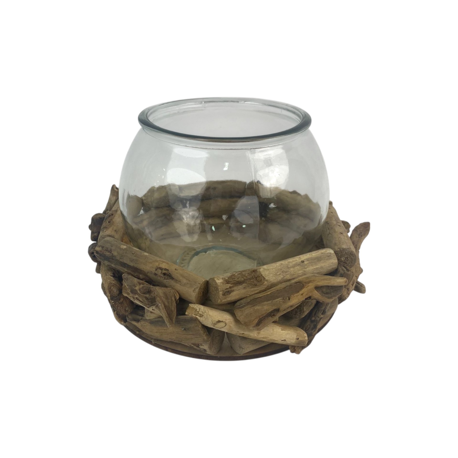 Darstellung von Windlicht klein inkl. Glas 15 cm in Kranz geschnitzelt