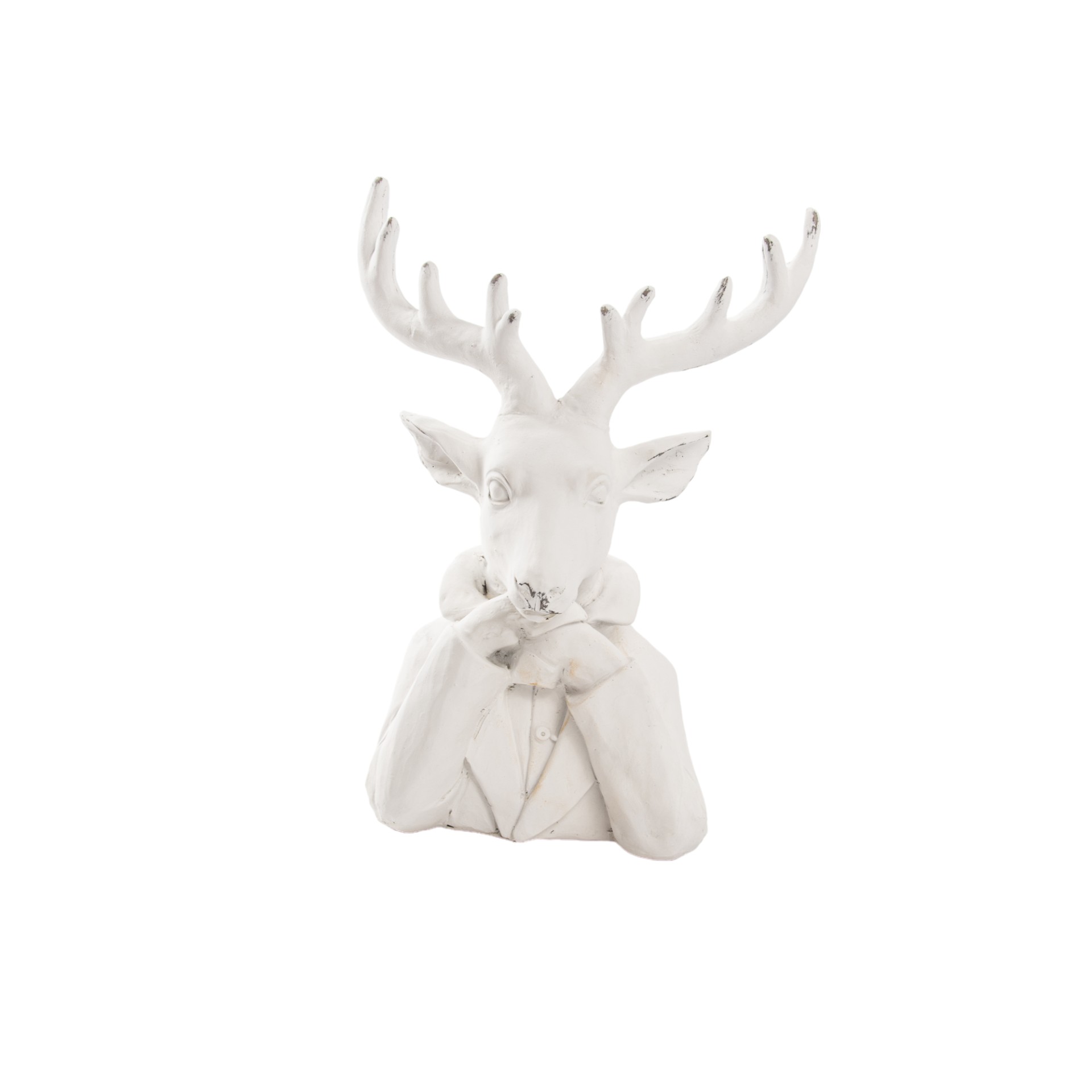 Darstellung von RP Hirschkopf weiss klein mit Hände unter Kinn