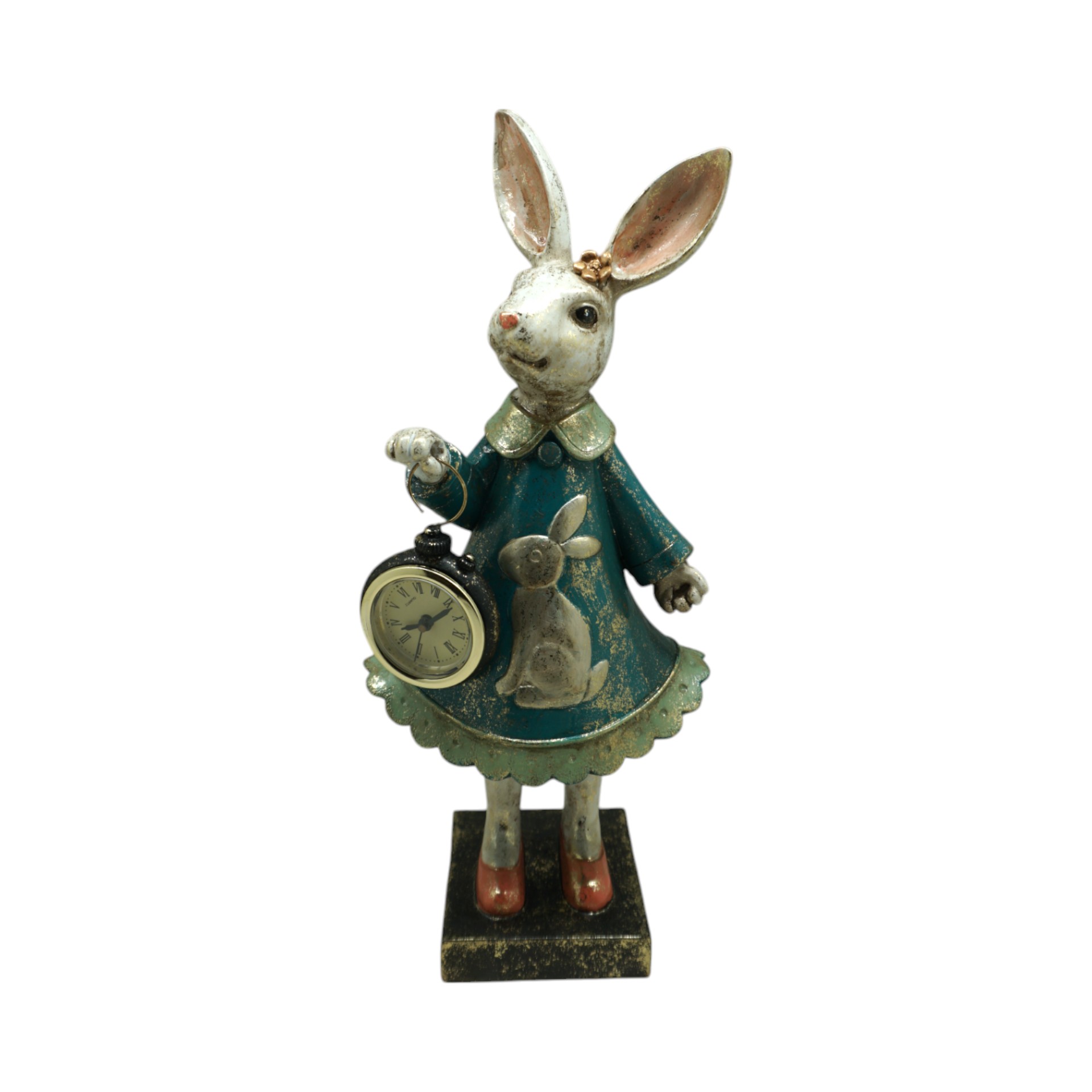 Darstellung von Hase m. Uhr blaues Kleid gold Details