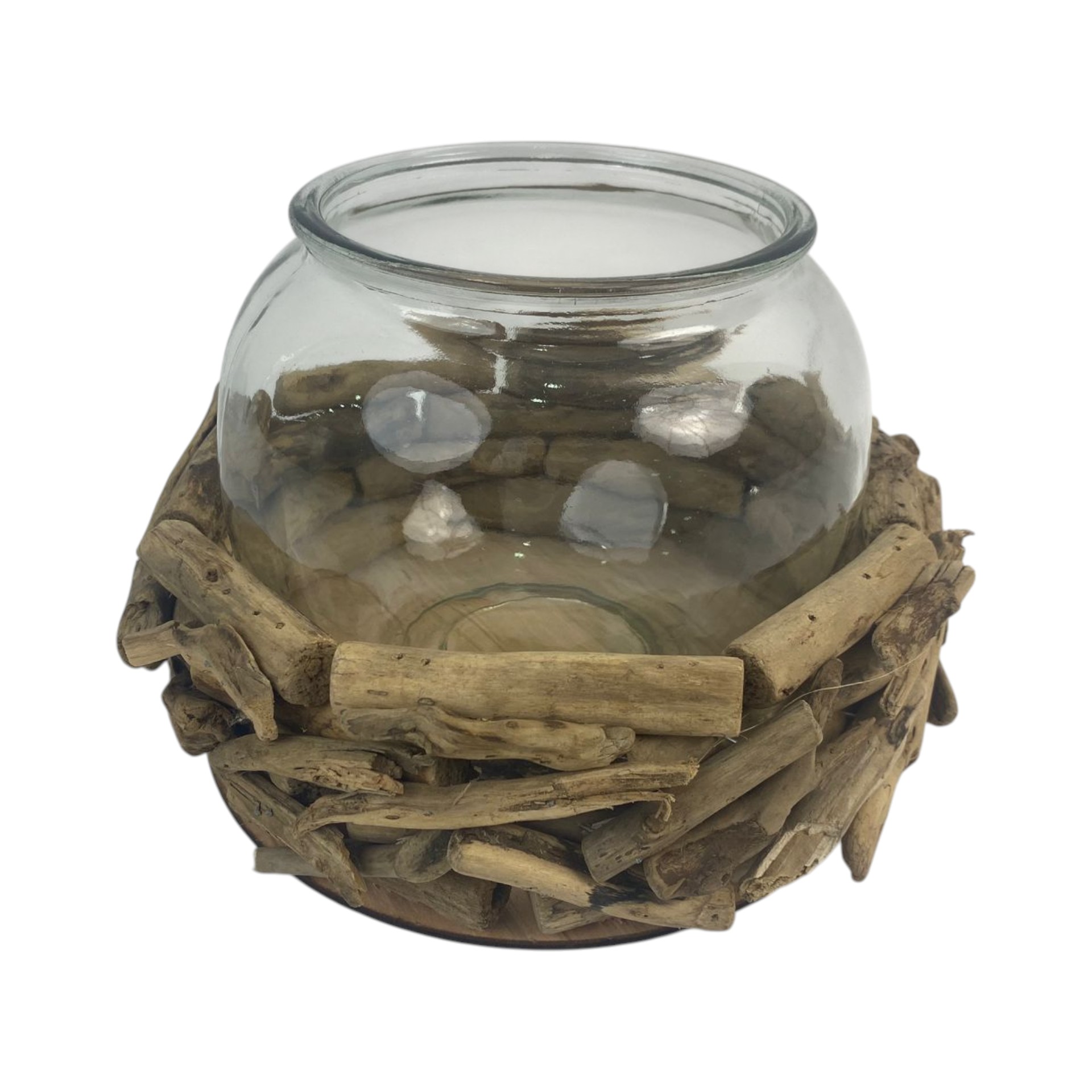 Darstellung von Windlicht gross inkl. Glas 18 cm in Kranz geschnitzelt