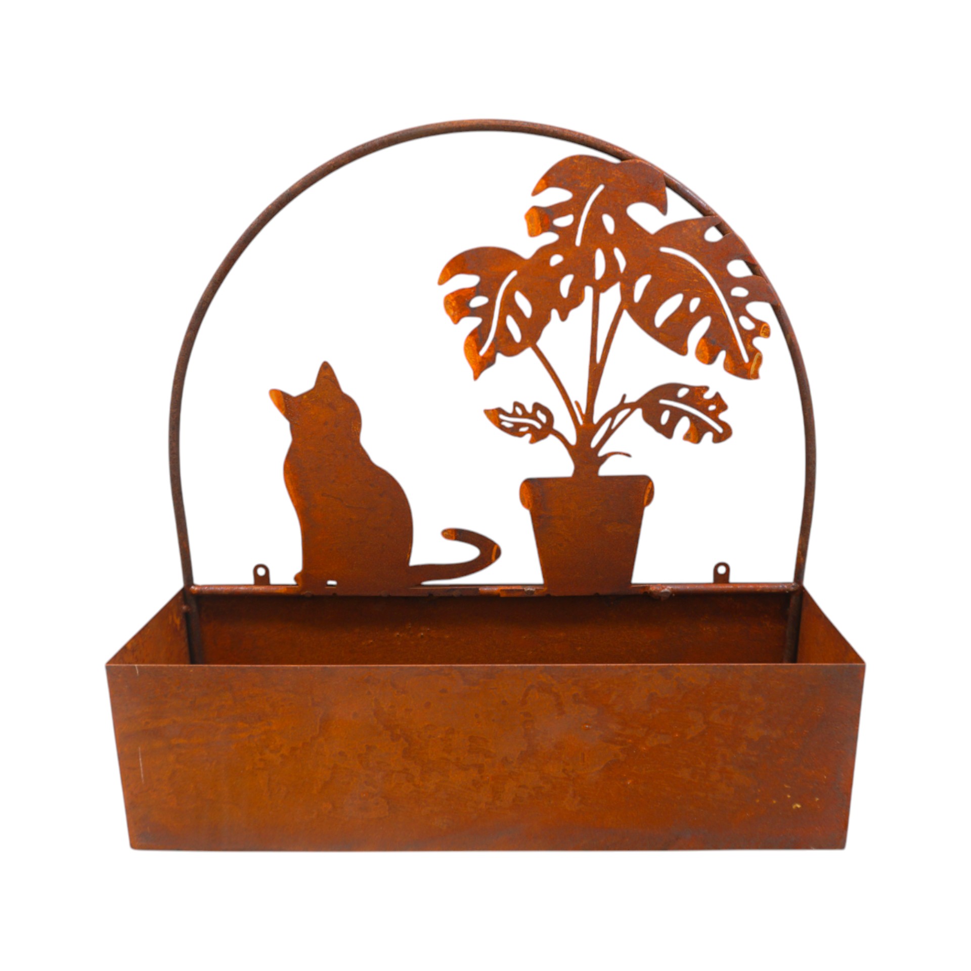 Darstellung von Blumenkiste mit Katze und Blumentopf